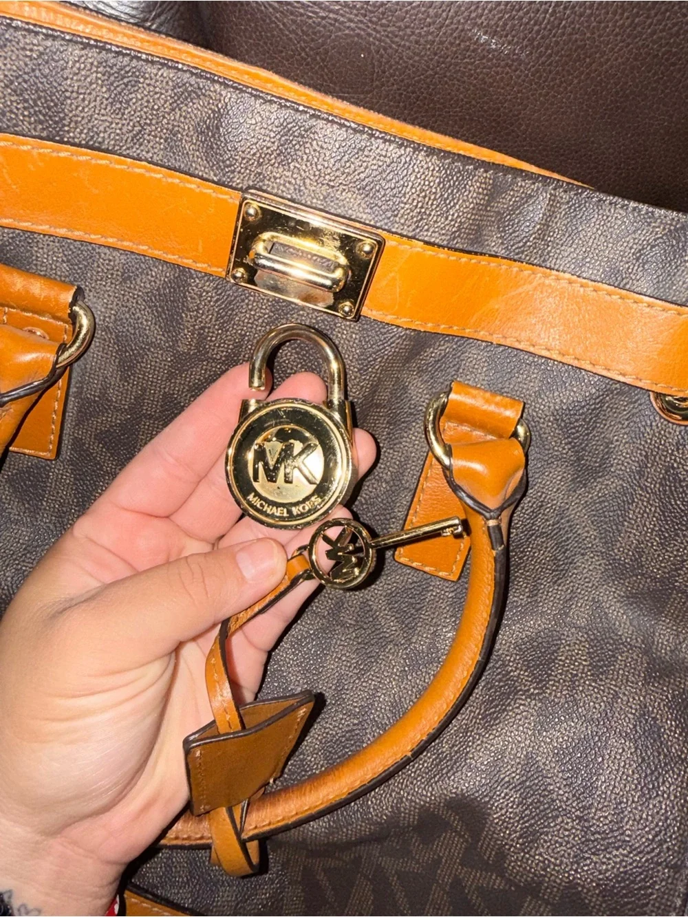 Michael Kors Brown Monogram Tote with Orange Leather Trim